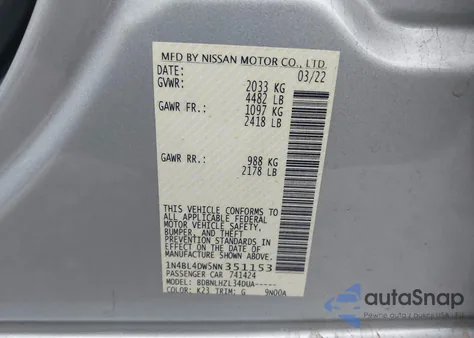 2022 Nissan Altima Sv Intelligent Awd z USA, uszkodzony, nr VIN 1N4BL4DW5NN351153